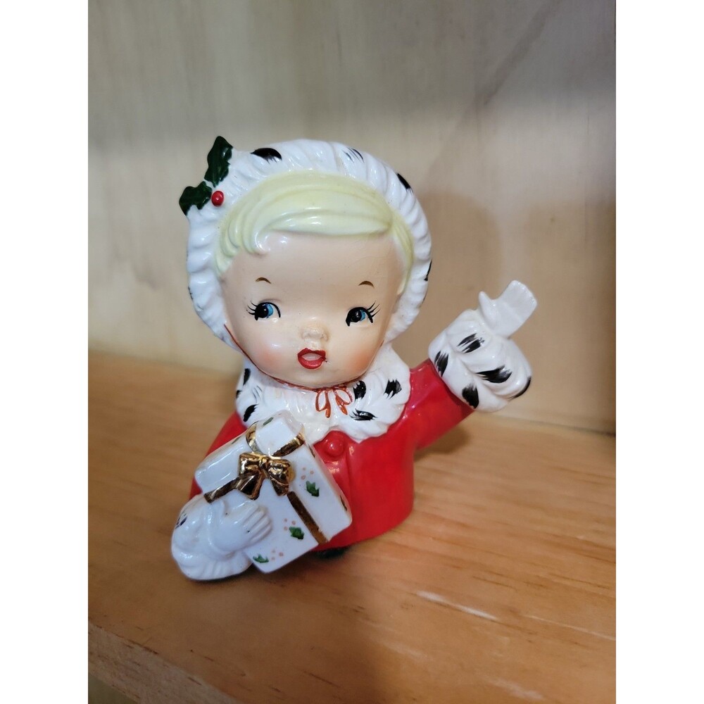 Vtg Napco Christmas Girl Head Vase W Gift Blonde Small Blue Eyes Present 1957